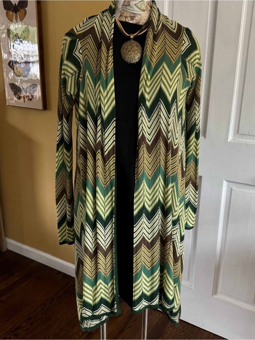 BCBGMaxAzria Silk Blend Vintage Green Chevron Open Front Cardigan XS